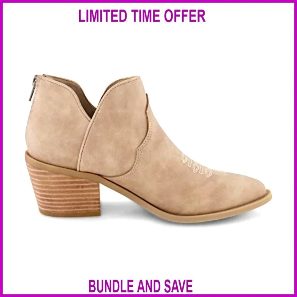 Pointed Toe Western Ankle Boots with Low Block Heel and Back Zipper - Picture 4 of 5
